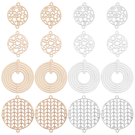 Brass Links Connectors, Etched Metal Embellishments, Long-Lasting Plated, Flat Round with Mixed Patterns