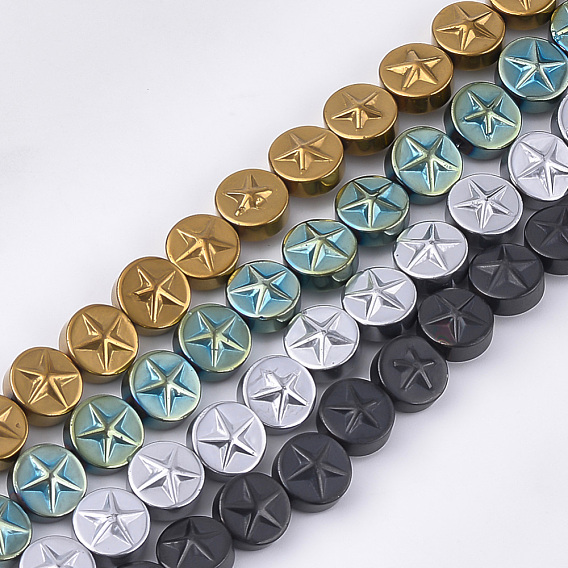 Electroplate Non-magnetic Synthetic Hematite Beads Strands, PVD Vacuum Plating, Flat Round with Star