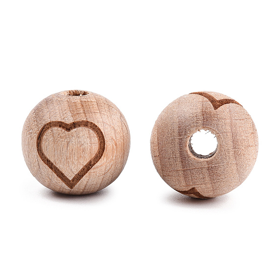 Engraved Beech Wood Beads, Round, BurlyWood, Undyed, Round with Heart/Moon/Rainbow Pattern