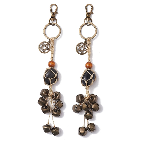 Плетеный нейлоновый мешочек с подвесками из натурального обсидиана, украшения, Железный колокольчик и кисточка из деревянных бусин для украшения дверных подвешиваний