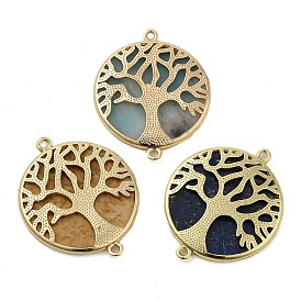 Natural Gemstone Flat Round Connector Charms, Tree of Life Links with Rack Plating Golden Plated Brass Findings