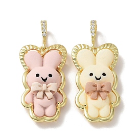 Opaque Resin Pendants, Large Hole Pendant, with Real 18K Gold Plated Brass Findings & Clear Cubic Zirconia, Cadmium Free & Lead Free, Rabbit with Bowknot