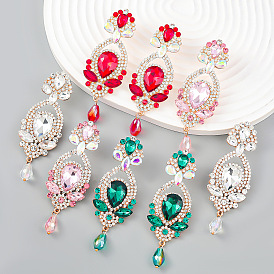 Sparkling Floral Statement Earrings with Colorful Rhinestones for Women