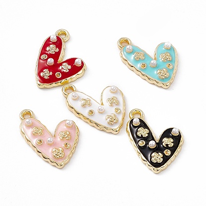 Alloy Enamel Pendants, with ABS Imitation Pearl Beads, Light Glod, Heart with Flower Charm