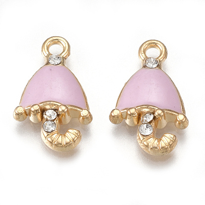 Alloy Pendants, Cadmium Free & Lead Free, with Enamel and Rhinestone, Umbrella, Light Gold, Crystal