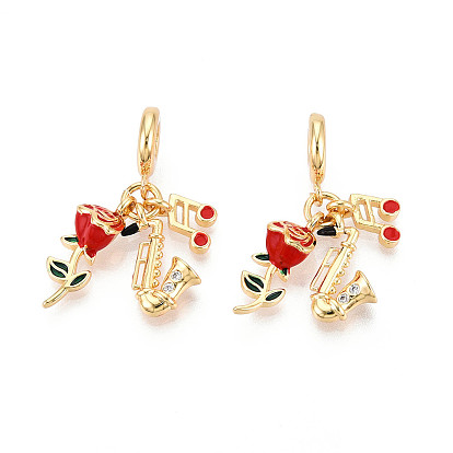 Латунь микропаве прозрачный кубический цирконий европейские подвески с подвесками, с эмалью, цветок и музыкальная нота и музыкальные инструменты, Подвески с большими отверстиями