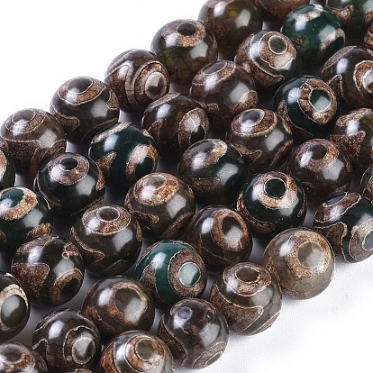 Tibetan Style 3-Eye dZi Beads Strands, Natural Agate, Dyed, Round