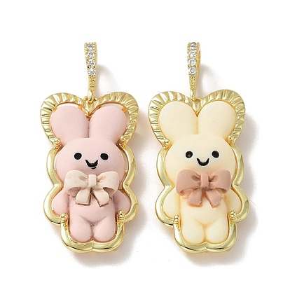 Opaque Resin Pendants, Large Hole Pendant, with Real 18K Gold Plated Brass Findings & Clear Cubic Zirconia, Cadmium Free & Lead Free, Rabbit with Bowknot