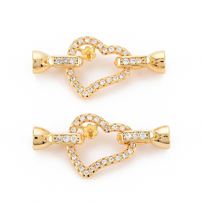 Brass Micro Pave Clear Cubic Zirconia Peg Bails Fold Over Clasps, for Half Drilled Bead, Nickel Free, Heart