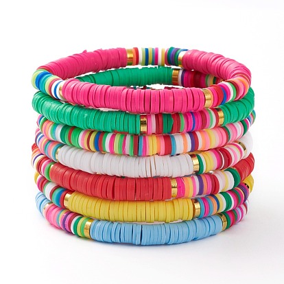 7Pcs Rainbow Polymer Clay Heishi Beads Stretch Bracelets Set, Stackable Bracelets, with Golden Plated Brass Beads