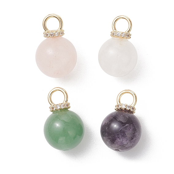 4 шт. 4 стили подвесок из натурального аметиста, зеленого авантюрина, розового кварца и белого нефрита, круглые подвески с латунными микропаве из прозрачных кубических цирконий в качестве застежек, золотые