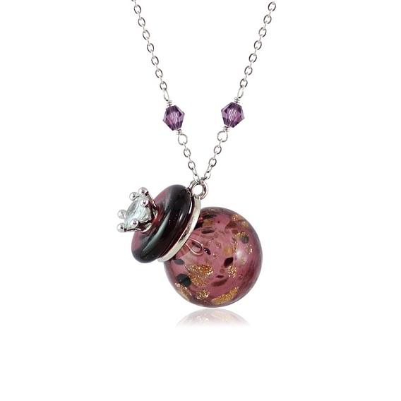 Round with Crown Lampwork Perfume Bottle Necklaces, with Titanium Steel Chains