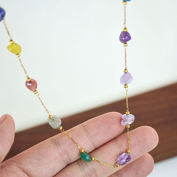 Ожерелья из натуральной смешанной каменной крошки и нержавеющей стали ручной работы для женщин, золотые