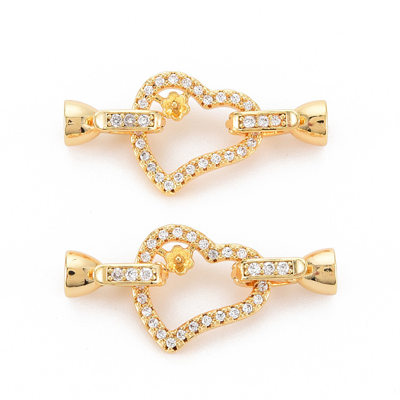 Brass Micro Pave Clear Cubic Zirconia Peg Bails Fold Over Clasps, for Half Drilled Bead, Nickel Free, Heart
