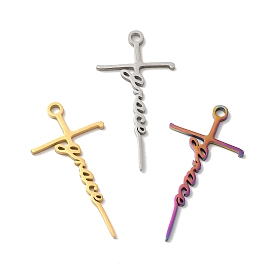 Ion Plating(IP) 304 Stainless Steel Pendants, Laser Cut, Cross with Word Grace Charm