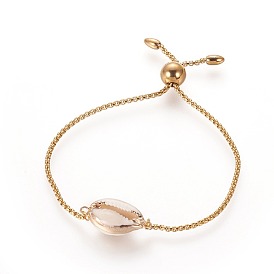 304 Stainless Steel Bolo Bracelets, Slider Bracelets, with Enamel and Box Chains, Cowrie Shell Shape, White