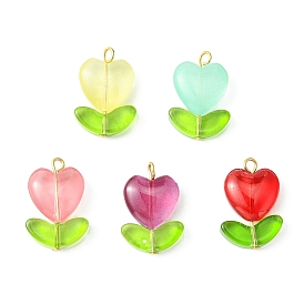Heart Flower & Leaf Glass Pendants, with Golden Tone 304 Stainless Steel Loops