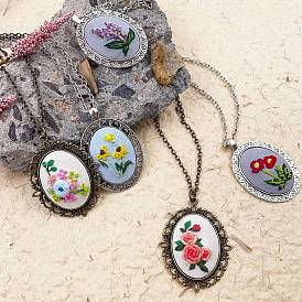 DIY Necklace Embroidery Kit, including Embroidery Needles & Thread, Metal Findings, Oval