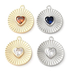 Brass Pendants, with Glass, Flat Round with Heart Charms