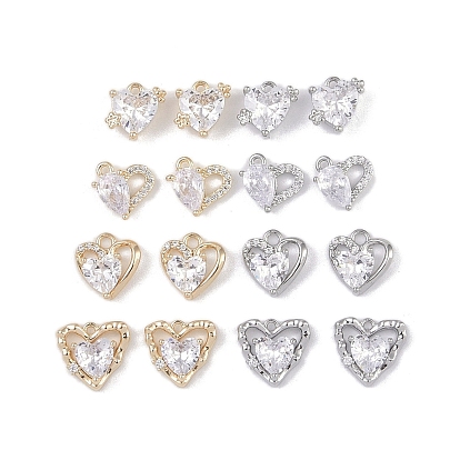 Brass Micro Pave Clear Cubic Zirconia Pendants, Cadmium Free & Nickel Free & Lead Free, Heart Charms
