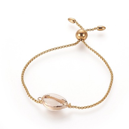 304 Stainless Steel Bolo Bracelets, Slider Bracelets, with Enamel and Box Chains, Cowrie Shell Shape, White