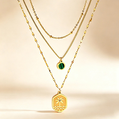 304 Colgante de árbol de acero inoxidable y malaquita sintética 3 Collares superpuestos para mujer