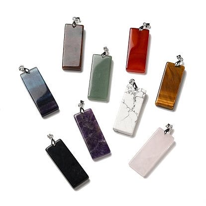 Natural Gemstone Big Pendants, Rectangle Charms, with Rack Plating Platinum Plated Brass Snap on Bails, Lead Free & Cadmium Free