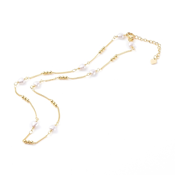 Heart Glass Beaded Chain Necklaces, with Brass Curb Chains, White