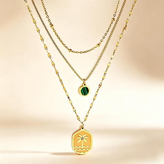 304 Stainless Steel & Synthetic Malachite Tree Pendant 3 Layer Necklaces for Women
