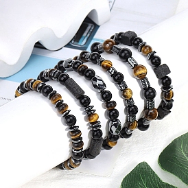 Adjustable Natural Mixed Gemstone Woven Bracelets, Alloy Stretch Bracelets for Women Men