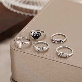 Retro Snake Heart Dice Ring Set - 6 Pieces of Alloy Personality Chain Rings