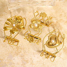 Полые браслеты-манжеты из хирургической нержавеющей стали с имитацией жемчуга для женщин., цветок / сердце