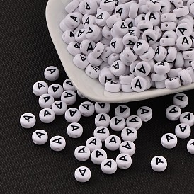 Acrylic Horizontal Hole Letter Beads, Flat Round, 7x4mm, Hole: 1mm
