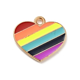 Rainbow Color Alloy Enamel Pendants, Heart with Rainbow, Light Gold
