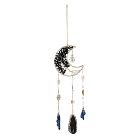Natural Agate Wind Chime, with Glass Beads, Resin Charms and Iron Findings, Moon and Devil Eye