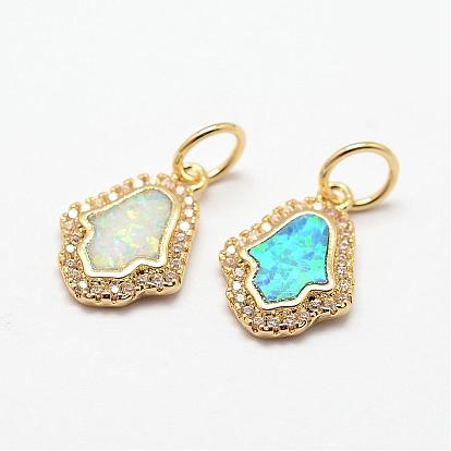 Brass Micro Pave Cubic Zirconia Charms, with Synthetic Opal, Palm, Golden