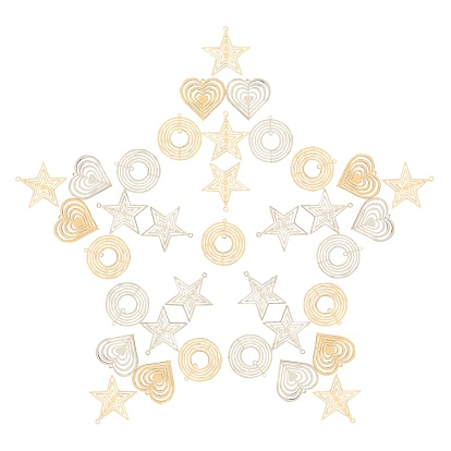 48Pcs 3 Style 2 Colors Brass Pendants & Links, Etched Metal Embellishments, Long-Lasting Plated, Heart & Star & Flat Round