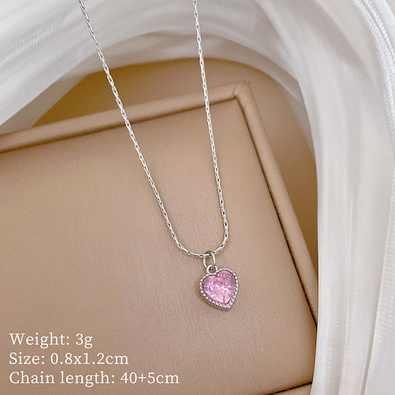 304 Подвеска в виде сердца из нержавеющей стали с инкрустацией кубическим цирконием, цепочка в стиле «бостонское плетение» для женщин