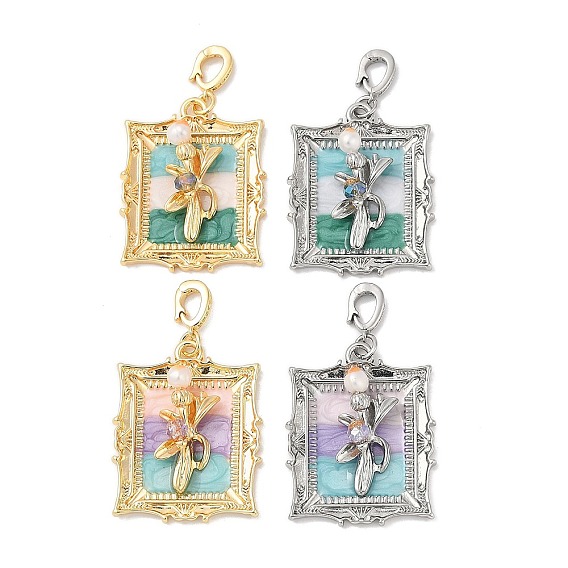 Подвески из латунного стекла разного цвета, Прямоугольник с цветком, с имитацией жемчуга из АБС, эмалью и петлей