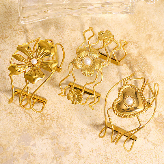 Полые браслеты-манжеты из хирургической нержавеющей стали с имитацией жемчуга для женщин., цветок / сердце