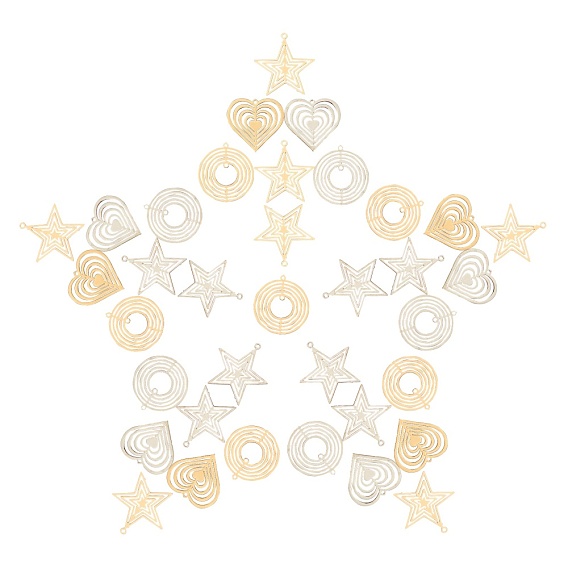48Pcs 3 Style 2 Colors Brass Pendants & Links, Etched Metal Embellishments, Long-Lasting Plated, Heart & Star & Flat Round