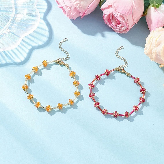 2Pcs 2 Colors Glass Seed Beaded Bracelets for Women, Flower, Faceted
