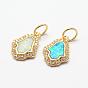 Brass Micro Pave Cubic Zirconia Charms, with Synthetic Opal, Palm, Golden