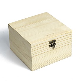 Unfinished Wooden Storage box, Natural Pinewood Gift Box, with Retro Iron Clasp, Square