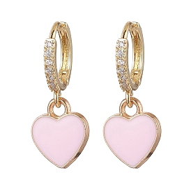 Heart Alloy Enamel Dangle Earrings, Brass Micro Pave Clear Cubic Zirconia Hoop Earring for Women