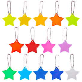 Nbeads 14Pcs 14 Colors Reflective Plastic Pendant Decorations, with Iron Chain, Star