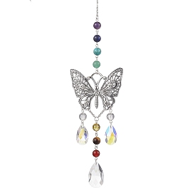 Alloy Hollow Butterfly Pendant Decoration, Round Chakra Gemstone and Glass Teardrop Tassel for Home Garden Outdoor Hanging Ornaments