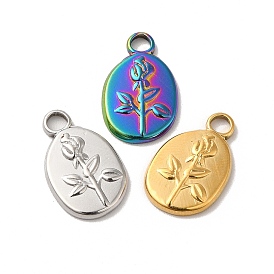 Ion Plating(IP) 304 Stainless Steel Pendants, Oval with Flower Charm
