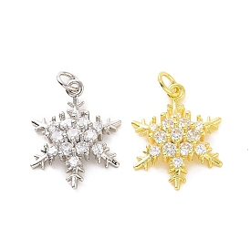 Rack Plating Brass Micro Pave Clear Cubic Zirconia Pendants, with Jump Ring, Long-Lasting Plated, Cadmium Free & Lead Free, Snowflake Charm