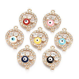 Rack Plating Alloy Enamel Links Connectors, with Crystal Rhinestone, Cadmium Free & Nickel Free & Lead Free, Flat Round with Eye, Light Gold